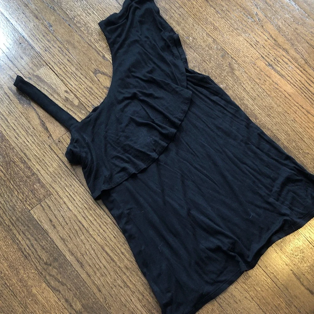 Asymmetrical One-Shoulder Ruffle Stretch Flattering Lightweight Black Blouse - Picture 3 of 5